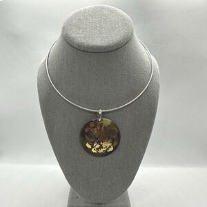 Shell Pendant Necklace Silver Tone Choker Style Gold Tone Floral Design Boho